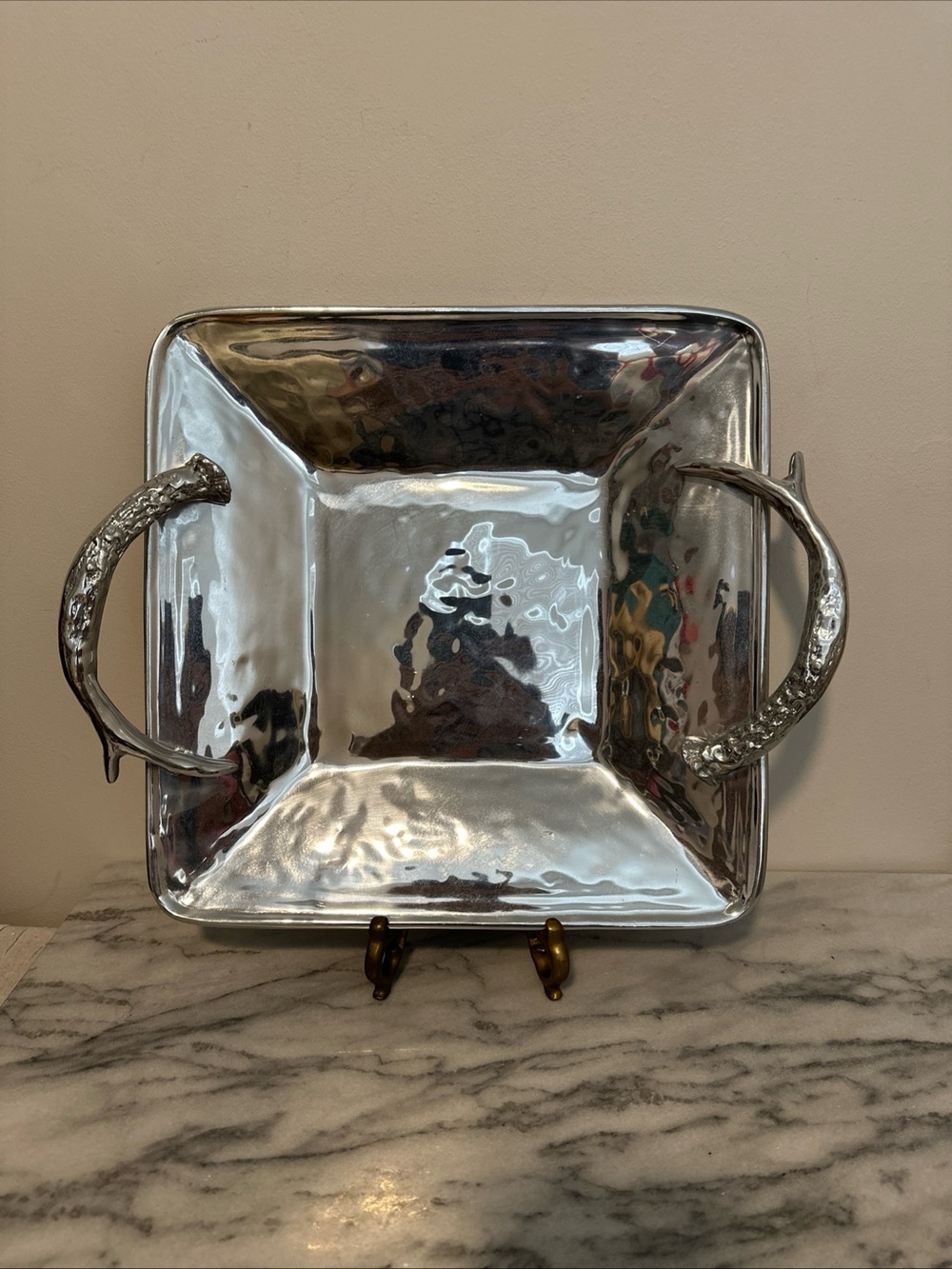 Silver Hammered Square Serving Tray with Textured antler Handles